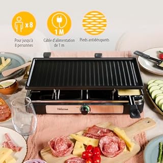 Tristar Raclette, Pour 8 Personnes, Surface de Cuisson 42 x 23 cm, Thermostat Réglable avec Anneau Lumineux, 1400 W, Noir, RA-2746