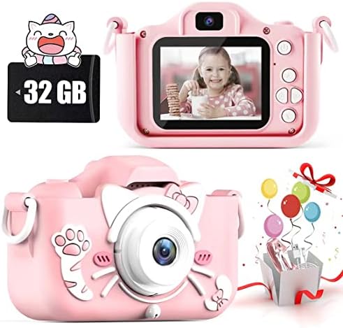 Kids Camera, Toddler Toys Camera for Girls/Boys, Kids Digital Camera with 1080P Video, Christmas Birthday Gifts for Girls Age 3-12 Year Old, Selfie Camera for Kids, 32GB TF Card (Pink)