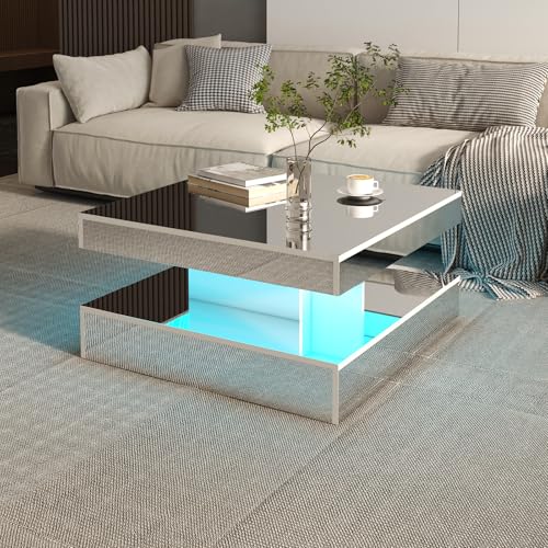 HedoAjim LED Coffee Table with Lights for Living Room Modern Mid Century Square Small Center Table with Storage Shelf Mirror Effect 2-Tier Apartment Office Bedroom Waiting Room Reception, Pet
