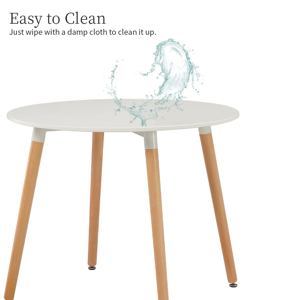 Tavolo da pranzo rotondo moderno Mid Century, bianco, con gambe in legno massello, 90 cm, per il tempo libero