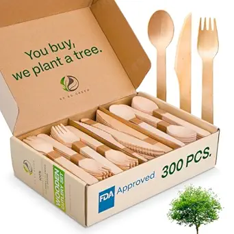 Disposable Wooden Cutlery Set Eco Friendly, Biodegradable, Compostable Cutlery 120 Wooden Forks, 90 Wooden Knives, 90 Wooden Spoons 300 pc. Disposable Utensils Set by Go Go Green