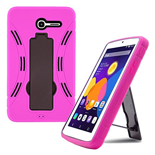 Alcatel Pop 7 LTE Case by KIQ (TM) Drop Protection Hybrid Case Silicone Plastic Cover Built-in Kickstand for Alcatel One Touch Pop 7 LTE 9015W - Black/Hot Pink