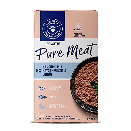 Pets Deli Pure Meat Sensitiv Katzen Nassfutter Känguru & Katzenminze, bei sensiblem Magen & Allergien, getreidefrei, ohne Zucker, 6x85g, Premium Qualität