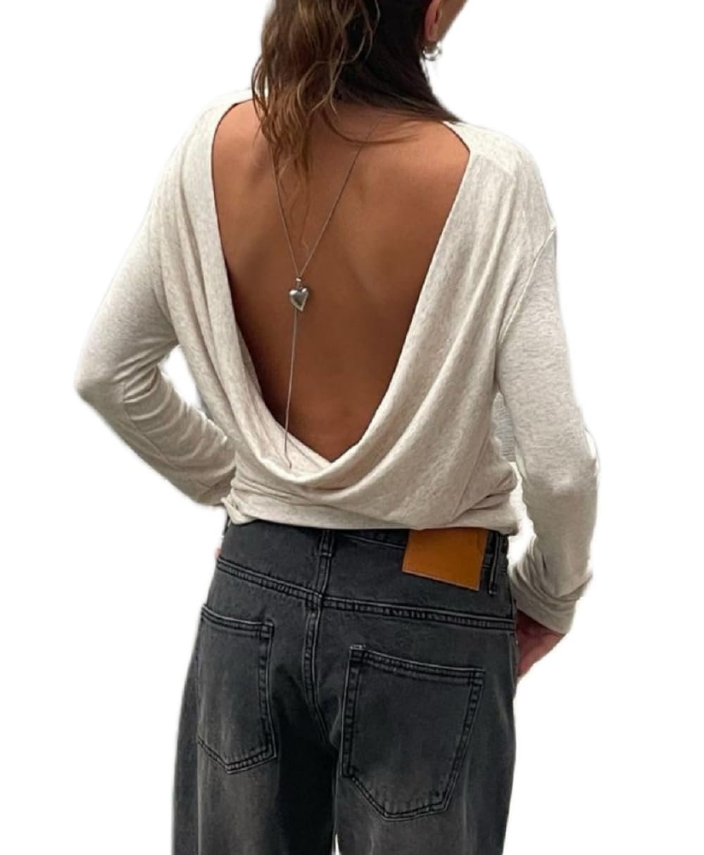 Draped Backless Long Sleeve Top for Women Cowl Back Boat Neck Open Back Shirt Y2k Going Out Tops