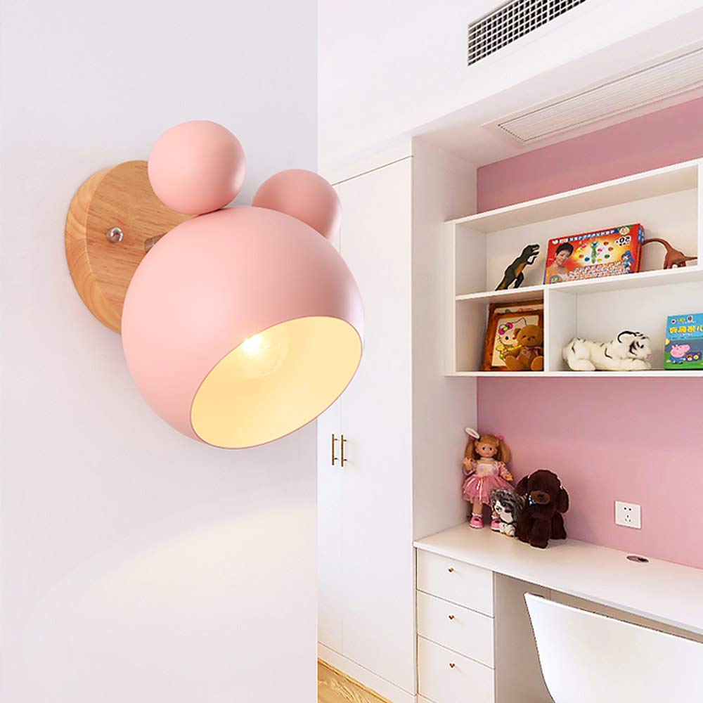 Mengjay Creativo cartone animato in legno Topolino applique da parete Nordic Macaron Lampada da parete a LED per bambini che leggono camera da letto comodino illuminazione E27 Luce da Muro (Rosa)