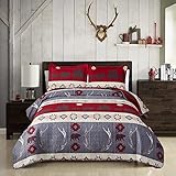 Rustic Bedspread Twin Size, 3Pcs Lodge Cabin Quilt Set Red Black Bear Bedspreads Coverlet Sets Rever