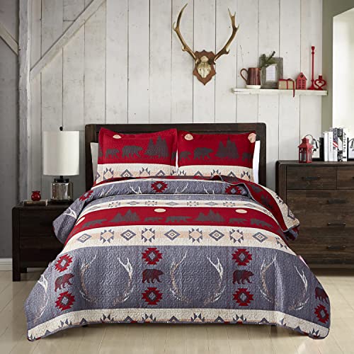Rustic Bedspread Twin Size, 3Pcs Lodge Cabin Quilt Set Red Black Bear Bedspreads Coverlet Sets Reversible Wildlife Animal Printed Quilts Lightweight Bedcover Sunset Bed Cover Country Decor(68"X 86") #TOP5