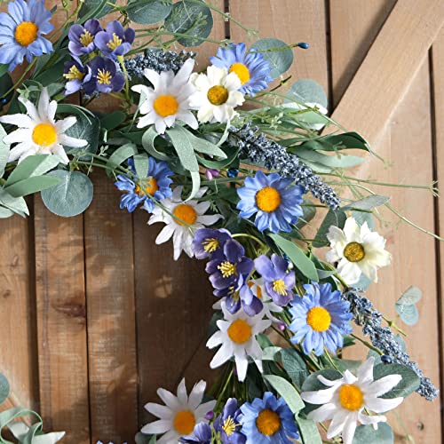 Gaudium 20" Artificial Spring Wreaths, White And Blue Daisy Eucalyptus Leaf Wreaths, Fit To Decorate Front Door Windows #TOP7
