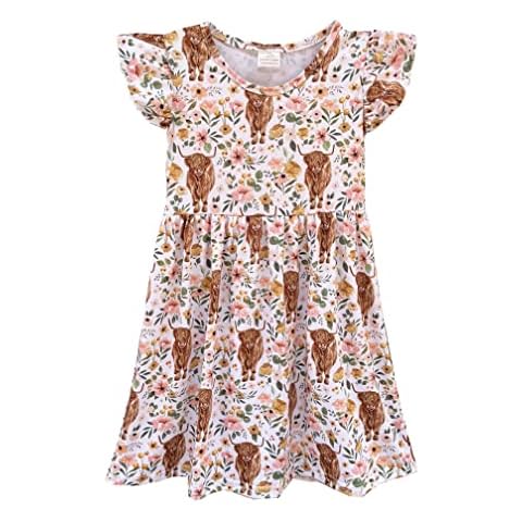 nebljgo Infant Baby Girls Highland Cow Flutter Sleeve Pearl Cow Children Girl Spring Summer Kids Dress (7-8T) White Cover