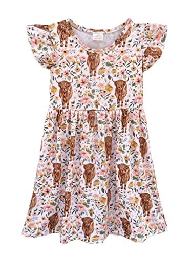 nebljgo Infant Baby Girls Highland Cow Flutter Sleeve Pearl Cow Children Girl Spring Summer Kids Dress
