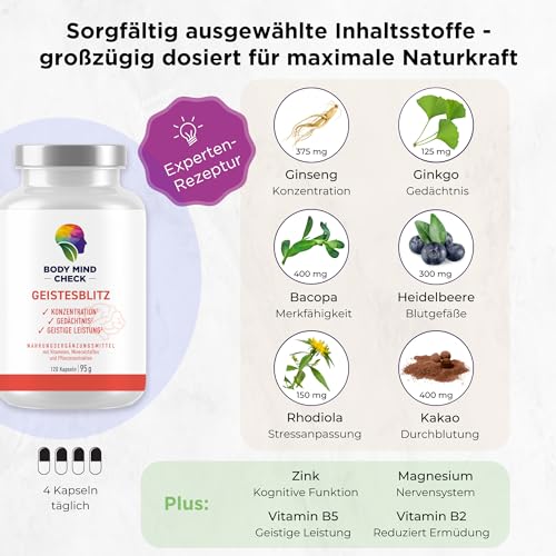GEISTESBLITZ - natürliche Konzentrations Tabletten zum Lernen und Arbeiten - 120 Brain Booster Focus Kapseln hochdosiert - Focus Booster Gedächtnis Tabletten - Nootropic Gehirn Gedächtniskapseln