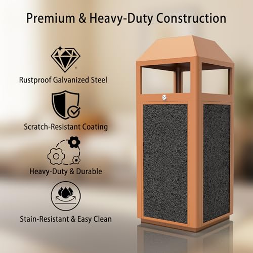Image of Outdoor Trash Can with Lid, 51L /13.5 Gal-Lockable Commercial Trash Can with Nature Stone Panels, Heavy-Duty Rustproof Metal Garbage Can with Removable Liner for Parks & Public Spaces (Brown, ash)