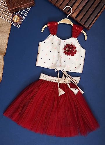 Image of ANNECA baby girl's designer rayon cotton modern crop top and naylon soft net knee lenth skirt clothing set