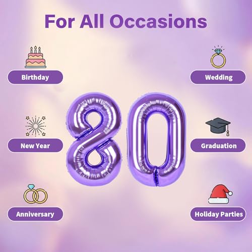 Image of Number Balloons for Birthday Decorations - 40 Inch Large Party Balloons 80, Purple Foil Number Balloons for Boys Girls, Balloons for Party Supplies