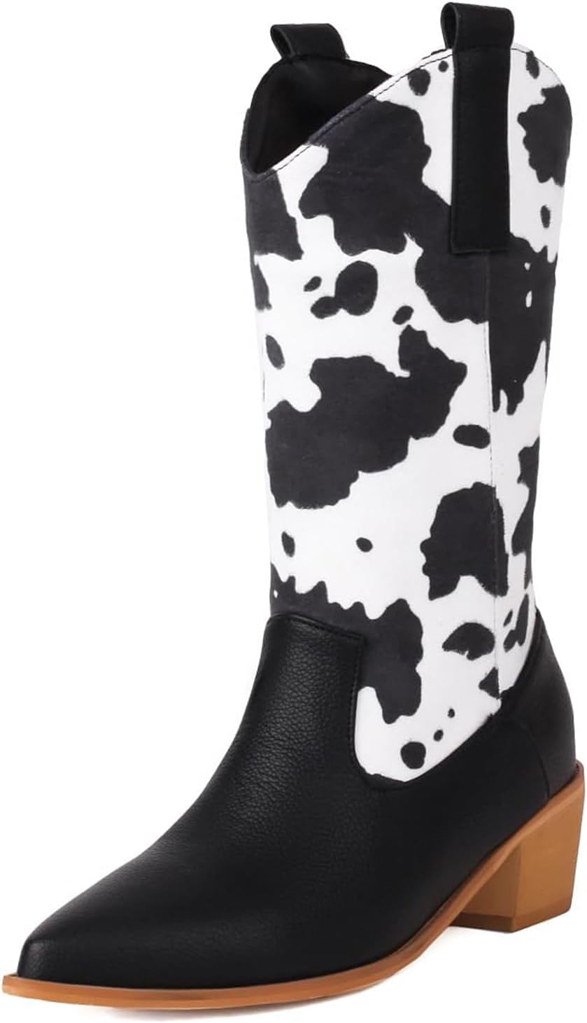 HINDOLA Cowboy Boots for Women Mid Calf Western Cowgirl Boot Square Toe Chunky Block Heel Fashion Classic Cow Print Boots
