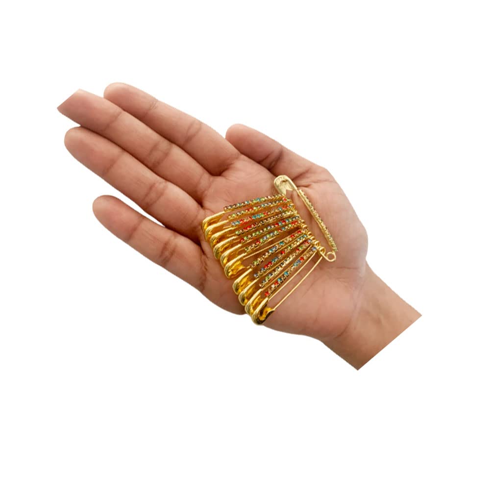Colourful Saree/Safety Pins Brooch One Side of Safety Pin Decorated with Diamonds Set of 12,Decorative Safety Pins