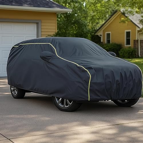 Image of Sulfar 100% Water Resistant Car Body Cover Compatible with Mirror for Maruti Suzuki Swift Dzire (Triple Stitched, Full Bottom Elastic, Dark Grey Taffeta with Yellow Piping)