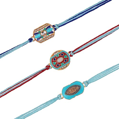 Image of eCraftIndia White Red Golden Set of 3 Pearl Rakhi for Brother with Roli Chawal Pack