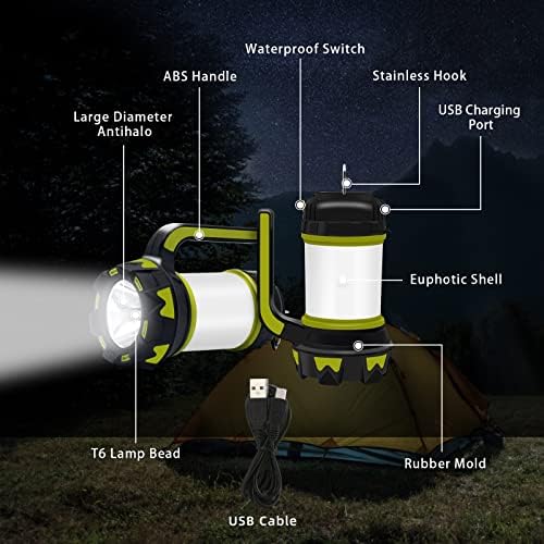 Fousômo LED Camping Lantern Rechargeable Handheld Flashlight 6 Modes Tent Lights Multifunctional Power Bank IPX4 Waterproof Searchlight for Outdoor Recreations Household Emergency USB Cable Included