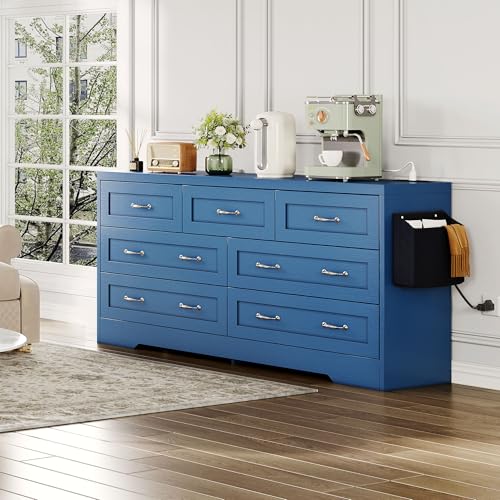 DWVO Farmhouse 7 Drawer Dresser for Bedroom, 31.5 Inch Tall Modern Dresser TV Stand with Large Drawers & Bar Handles, Storage Dressers with Power Outlets, Rustic Wood Chest of Drawers, Blue