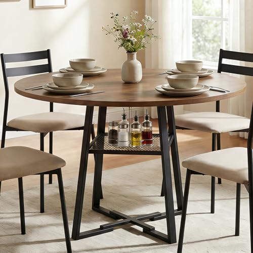 COSTWAY Table à Manger Ronde Bois 120 cm pour 4 à 6 Personnes, Table de Cuisine avec Piètement Métallique Stable, Coussins de Pied Réglable, Étagère,...