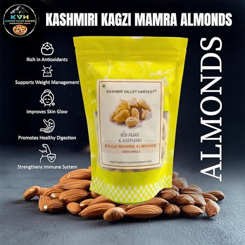 Image of Kashmir Valley Harvest Kashmiri Kagzi Mamra Almonds With Paper Shell - 250g | 100% Natural | Premium Badam in Shell | Authentic | High in Fibre | Boost Immunity | Organic (Pack of 1)