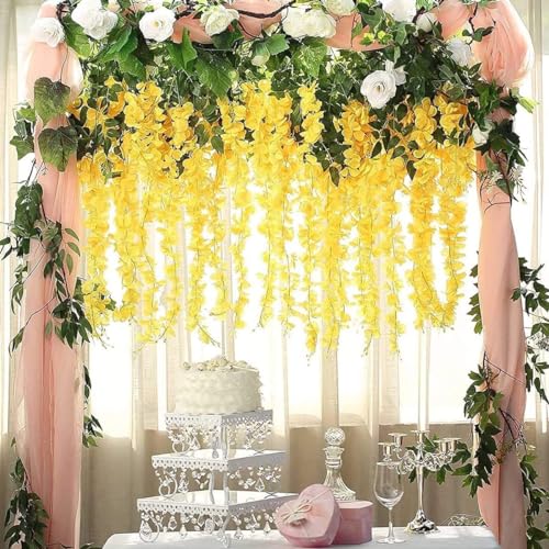 Image of SATYAM KRAFT 6 Pcs (43.2 inch) Artificial Wisteria Vine Garland | Long Silk Hanging Flowers String for Wedding Decoration Items, Mandap, Birthday Party, Festival Event & Home Decor (Yellow)
