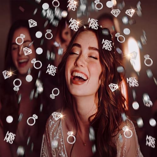 Image of Sumind 220 Pieces Silver Wedding Table Confetti, Paper Mr and Mrs Silver Diamond Ring Circle Dots Diamond Glitter Confetti for Marriage Ceremony Anniversary Valentine