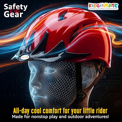 Image of Kidsmate Sports Protective Gear Set for Boys & Girls | Kids Safety Guard Contains Helmet, Knee Pads, Elbow Pads & Wrist Guards | Ages 3-14 Years, Ideal for Cycling, Skateboarding & Scooters (Red)
