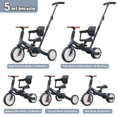 Image of newyoo Tricycle for Toddlers 1-3, Toddler Bike, Trike with Push Handle, Perfect Boys and Girls Birthday Gift and Toys, Balance Bike with Backrest and Safety Belt, TR007, Dark Gray