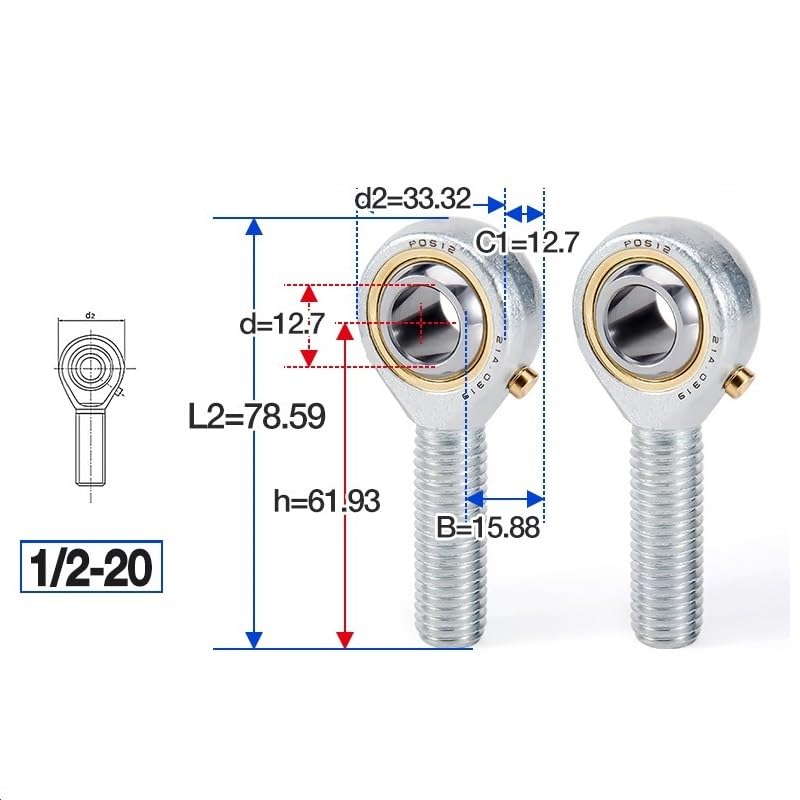 BERWENNY 1PC Rod Ends Joint Bearings Male Thread POSB3/4/5/6/7/8/10/12/POSB16 Right-Hand Thread Spherical Plain Bearing(POSB8 1/2-20)
