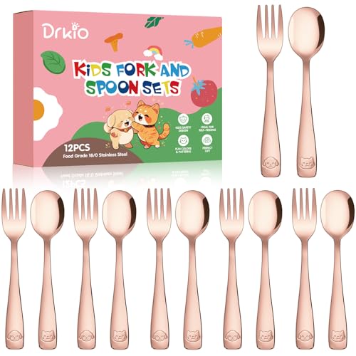 Image of DRKIO Stainless Steel Toddler Utensils Set - 12 Pieces Kids Silverware Set Children Safe Food Grade Small Forks and Spoons Dishwasher Safe Mirror Polished