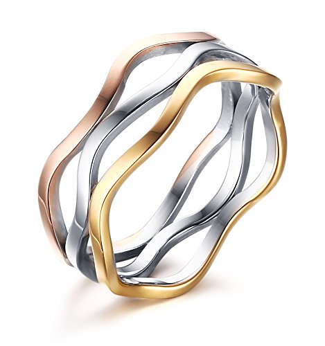 VNOX Womens Stainless Steel Tri-color Wave Band Ring for Wedding Promise Engagement,Size 9