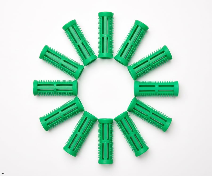 Head Jog Plastic Hair Rollers 12 x 18mm Green with 12 Free Pins - Heat Free Hair Curlers for All Hair Types