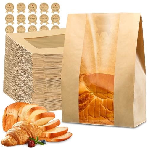50 Pcs Bread Bags for Homemade Bread, Sourdough Paper With Window, 50% Thicker 13.7x8.2x3.7in A...