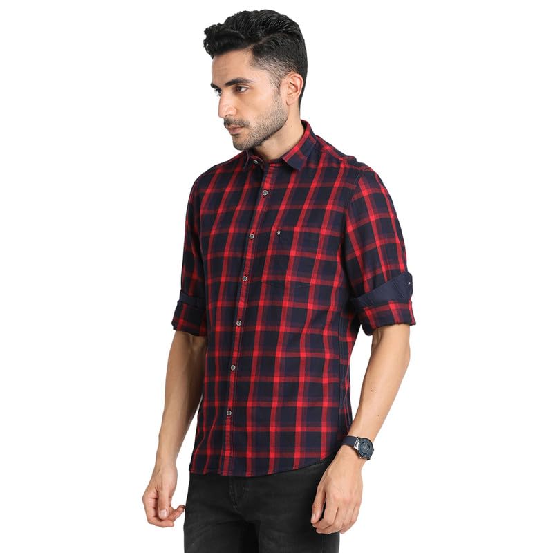 Image of Turtle Men 100% Cotton Indigo Navy Blue Checkered Slim Fit Full Sleeve Casual Shirt