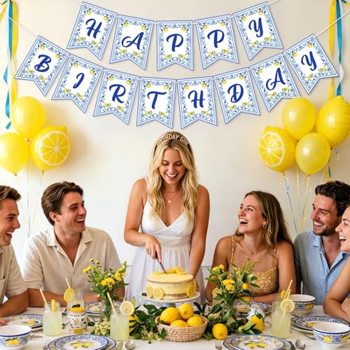 Image of Hooqict Happy Birthday Banner Lemon Birthday Decorations Garland Sign for Summer Fruit Blue Yellow Lemon Themed Party Hanging Decorations Supplies