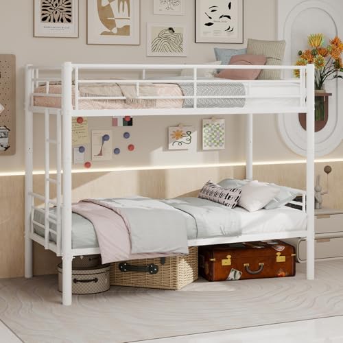 odikalo Litera de 90 x 190 cm, cama individual, cama infantil con somier de láminas de metal, escalera y barra de protección, transformable en dos camas separadas, color blanco (colchón no incluido)