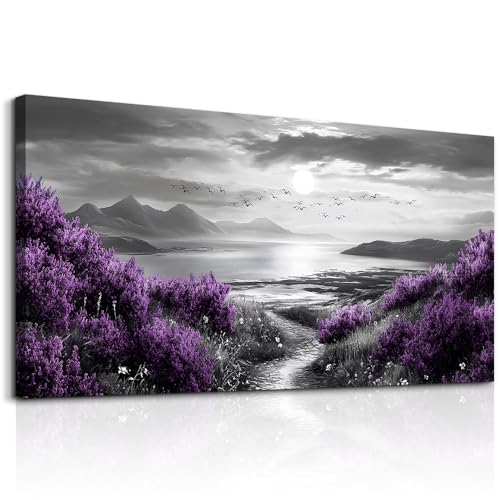 Canvas Wall Decor for Bedroom Large Wall Art for Living Room Modern Office Wall Decoration Purple Flowers Landscape Paintings Black and White Scenery Pictures Artwork Aesthetic Home Decor