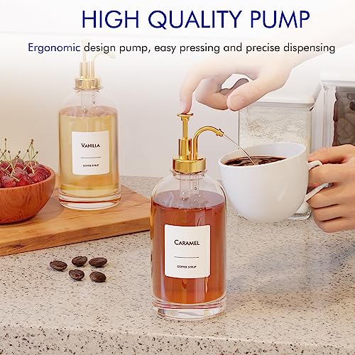 Image of 16.9 oz (500 ml) Coffee Syrup Dispenser Set - 2 Glass Bottles with Gold Pumper and Syrup Labels - Precise Dispensing and Stylish Addition to Coffee Shop, Cafe or Home Bar