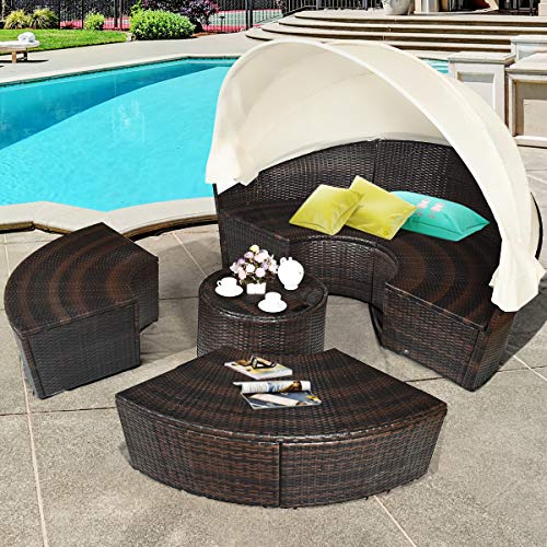 Tangkula Patio Round Daybed With Retractable Canopy, Outdoor Wicker Rattan Furniture Sets, Sectional Sofa Set W/Height Adjustable Coffee Table, Rattan Conversation Sets (Brown) #TOP1