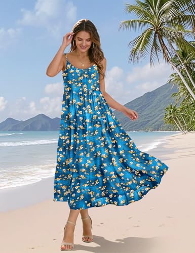 Image of YESNO Summer Bohemian Floral Dresses for Women Spaghetti Straps Maxi Dress Casual Flowy Dresses with Pockets ES0