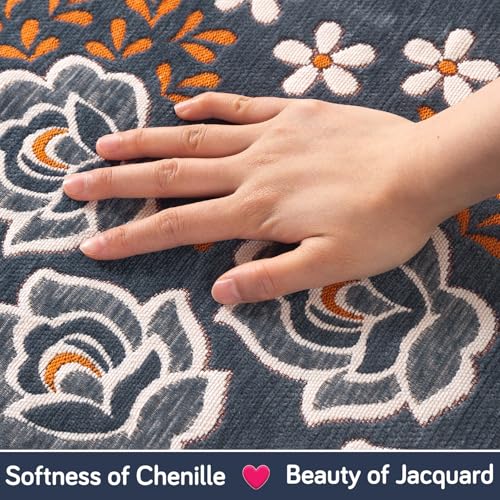 Image of HOKIPO Complete (Seat+Back+Arm) Sofa Mat Set for 3 Seater Sofa |Premium Chenille Sofa Covers with Curve Edges, 'Serene Curves Series' - Blossom Flower (IN-997+1002+1001 * 2 - D3)