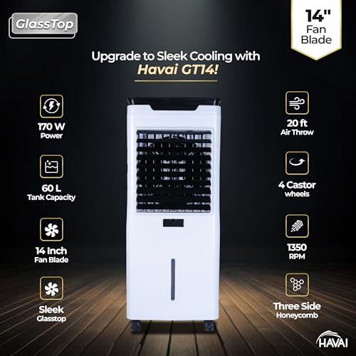 Image of Premium Glass Top GT 14 Air Cooler | 60L Tank Capacity | 14 inch Fan Blade | 170W Power | 20ft Air Throw | 3-Side Honeycomb Cooling | Sleek Glass Top Design | 4 Castor Wheels