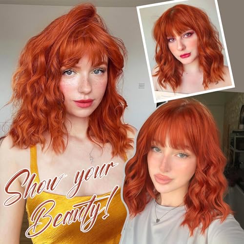 Image of Nnzes Short Orange red Wavy Wig with Bangs for Women Shoulder Length Bob Curly Women's Charming Synthetic Wigs with Natural Wavy Wig Heat Resistant Hair for Daily Party Use