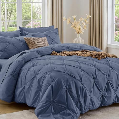 Image of Sasttie King Size Comforter Set, 7-Piece Bed in a Bag, Pintuck Bedding Set for All Season, Includes Comforter, Flat Sheet, Fitted Sheet, Pillowcases and Pillowshams, Indigo Blue
