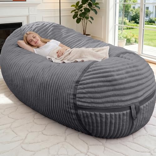 Image of 6FT Bean Bag Chair 6'Giant Bean Bag Chairs with Adults, Large Beanbag Chair | Bean bag Lounger with Machine Washable Cover Corded Plush Fabric, Comfy Chairs for Living Room Bedroom Dorm, Darkgrey