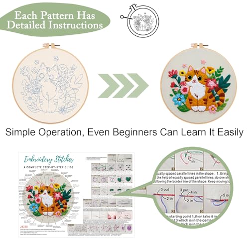 Image of Nuberlic Cat Embroidery Kit for Adults Beginners - 3 Pre-Printed Animal Patterns, Adults Starter Cross Stitch Kit DIY Needlepoint