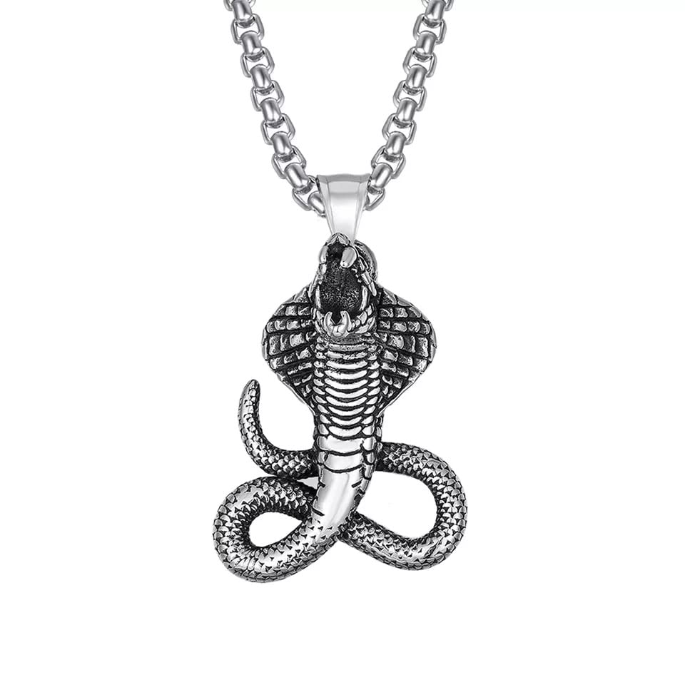 THE MEN THINGAlloy King Snake Pendant with Pure Stainless Steel 24inch Chain for Men, European trending Style - Round Box Chain & Pendant for Men & Boys