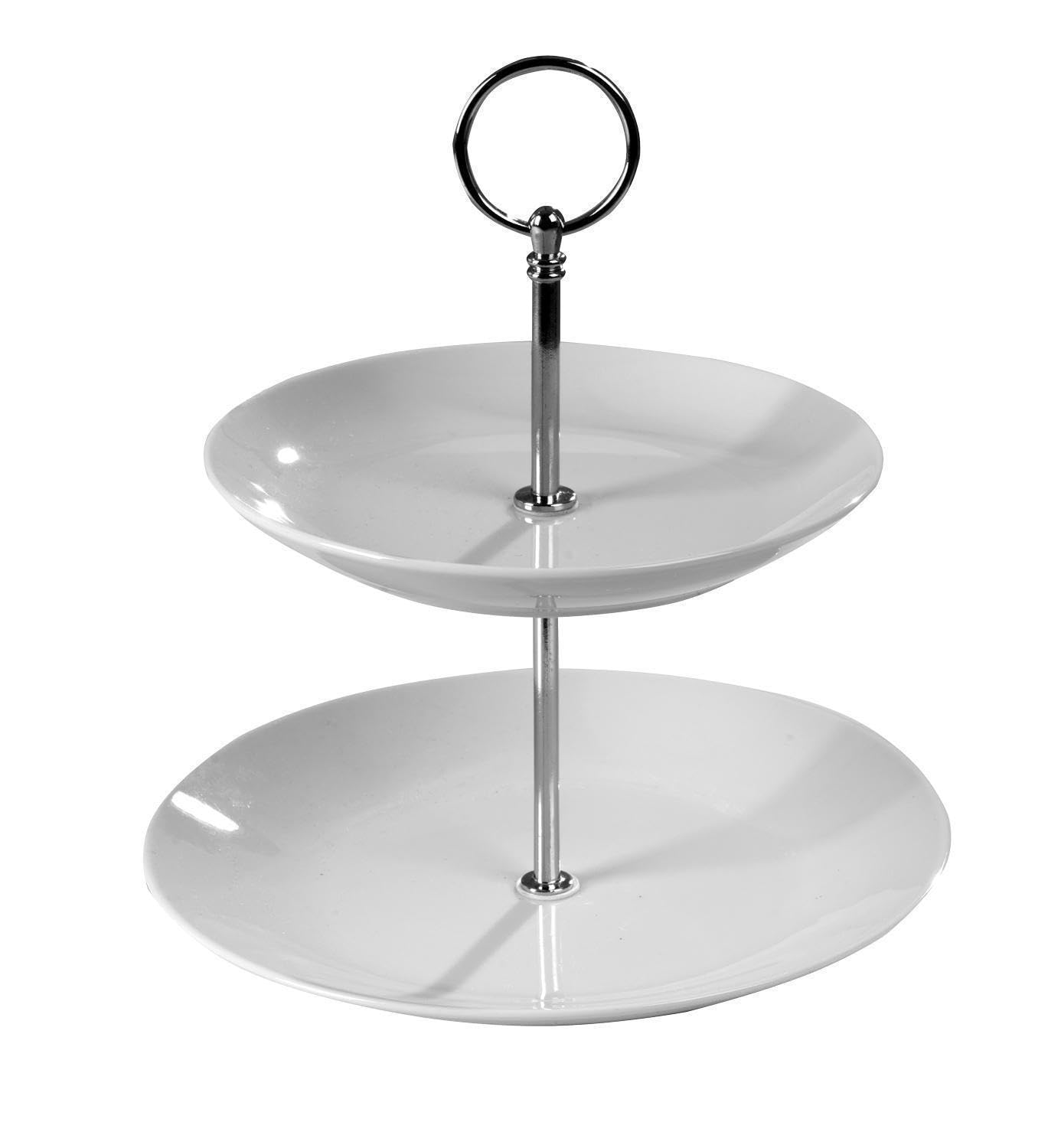 Etagere mit 2 Etagen und Tragegriff - Weiß - Porzellan - Metall - Ø 21 x H 23 cm - Servierplatte Servierständer Servierset